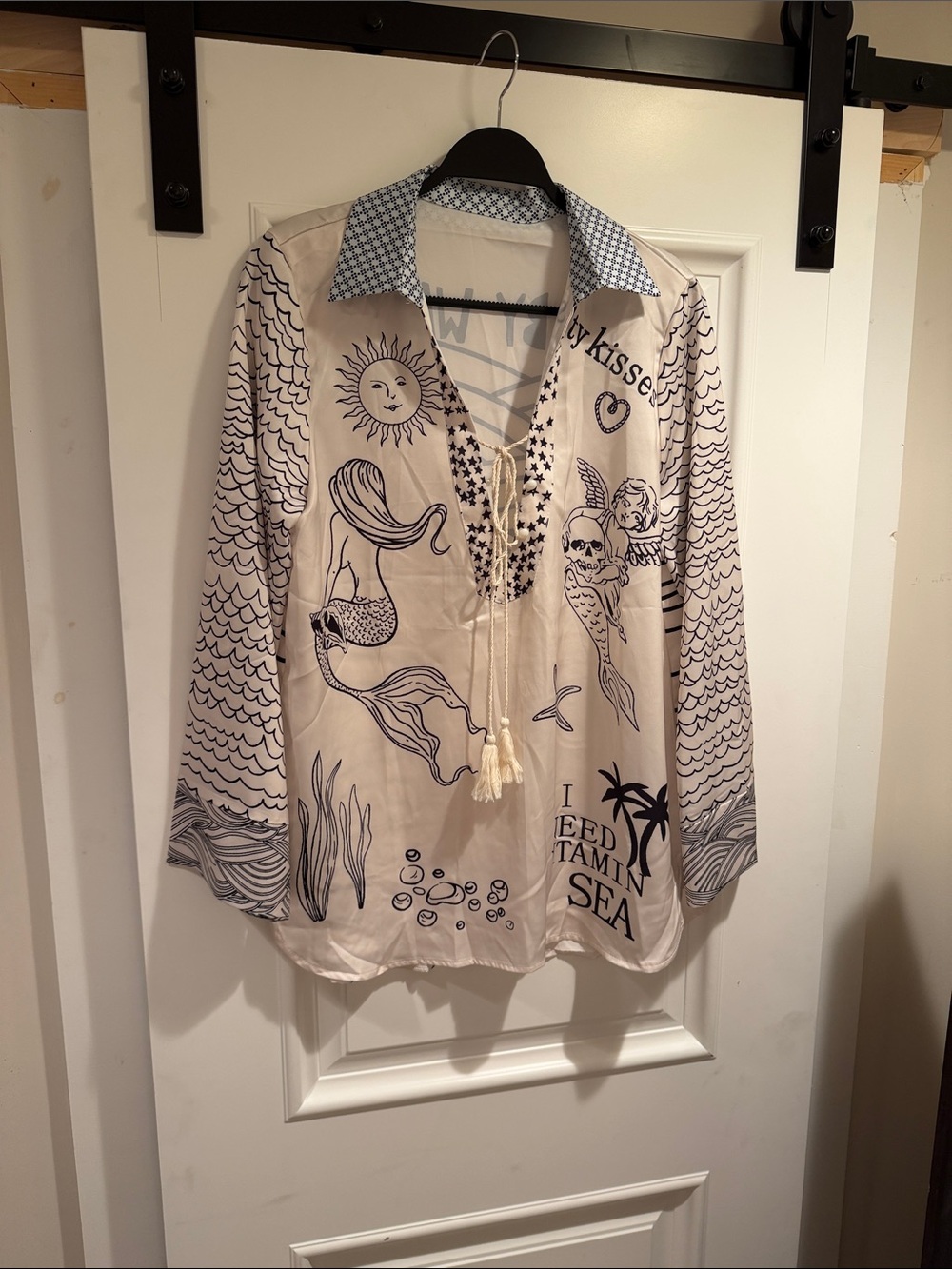 Cream Silk beach coverup Navy Mermaid & Sea Print